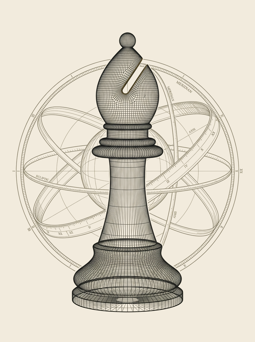 Wireframe bishop before an armillary ring