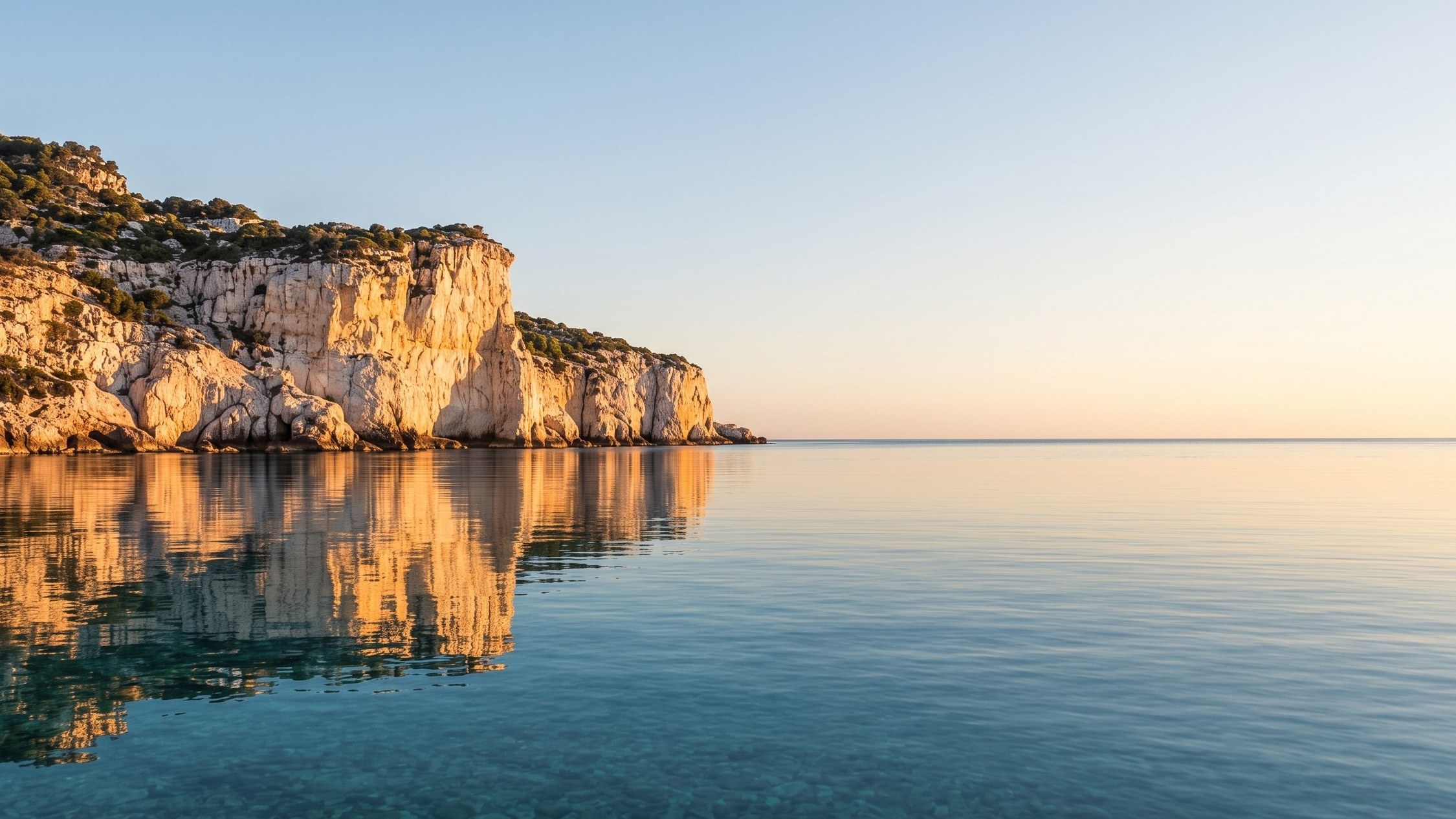 A warm Mediterranean coastline in late light, white cliffs above calm green water. The sea is the industry landscape every practice sits inside.