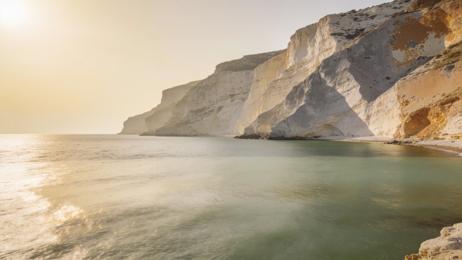 A warm Mediterranean coastline in late light, white cliffs above calm green water. The sea is the landscape every practice sits inside.