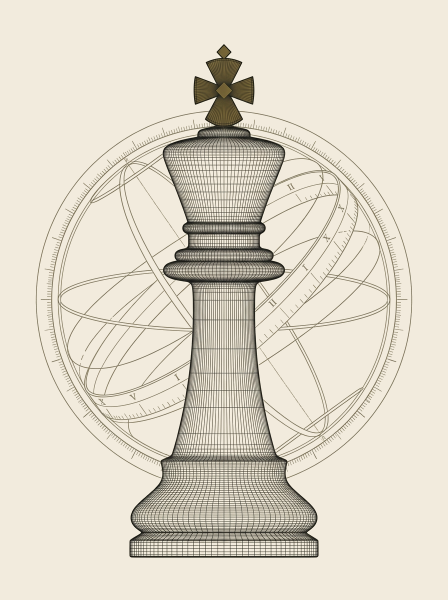 A wireframe chess king in fine volumetric mesh, an armillary ring behind it, its cross finial carrying a single bronze accent.