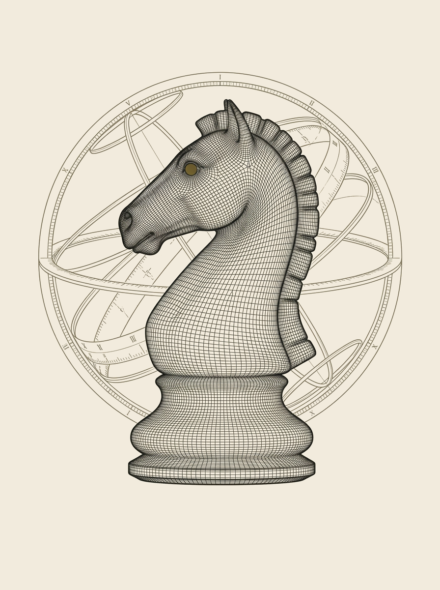Wireframe knight before an armillary ring