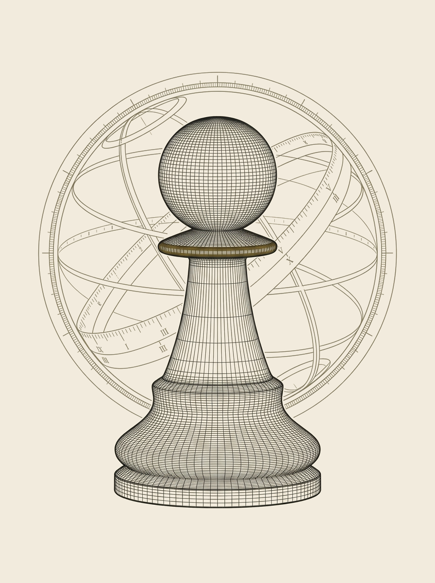 Wireframe pawn before an armillary ring