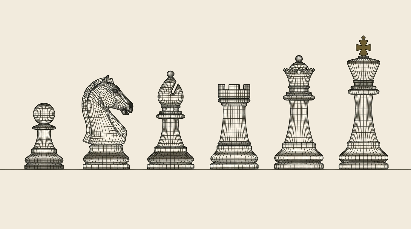 Six wireframe chess pieces on a single baseline, pawn to king left to right, ascending in height, ink on cream, the king's cross finial in brass. The pieces are the capabilities a practice develops; the practitioner is the king.