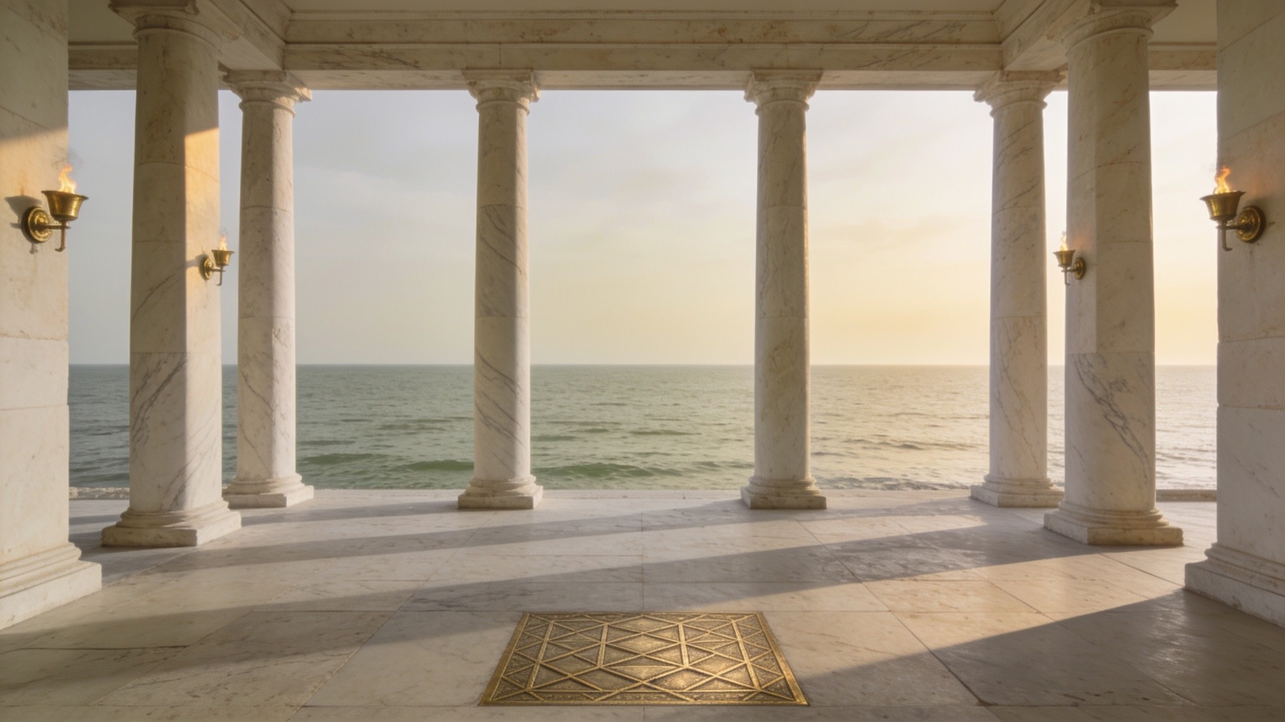 A marble portico with brass torches lit at dusk, opening onto a calm sea, a gold geometric inlay set in the stone floor.