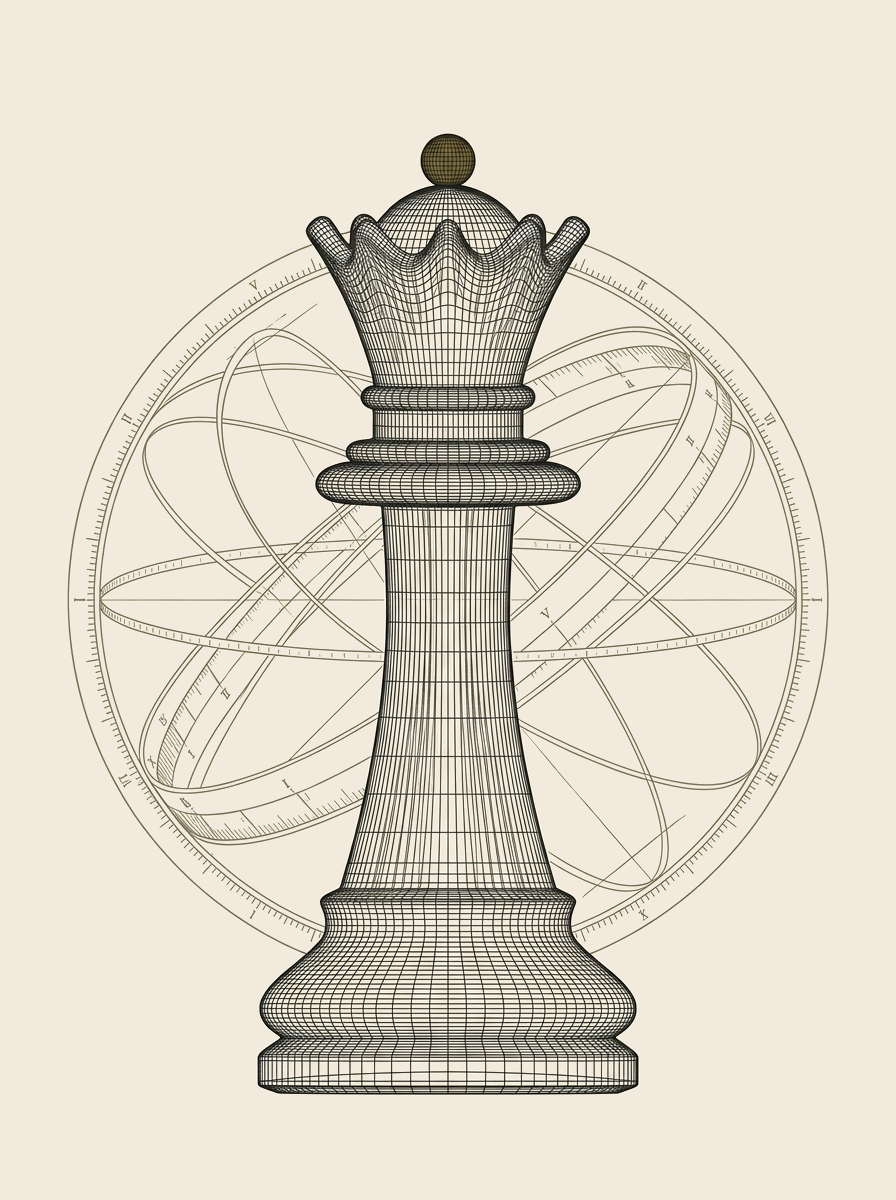 Wireframe queen before an armillary ring