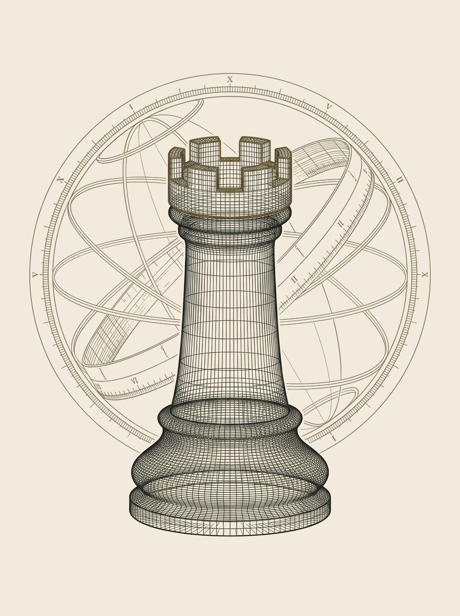 Wireframe rook before an armillary ring
